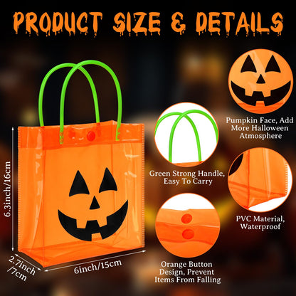 Sweetude 24 Packs Halloween Plastic Pumpkin Bags with Handles Halloween Jack O Lantern Pumpkin Party Gift Handles Bags Candy Favors, 6 x 6.3 Inch