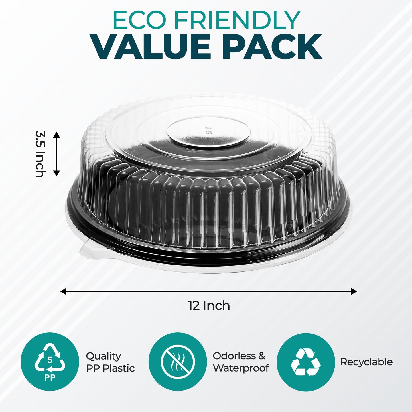 12" Catering Trays With Lids [3 Pack] - Black Serving Tray, Clear Lid, Plastic Disposable Round Party Platters, Flan Containers, Dessert Sandwich Cookie Food Trays for Parties