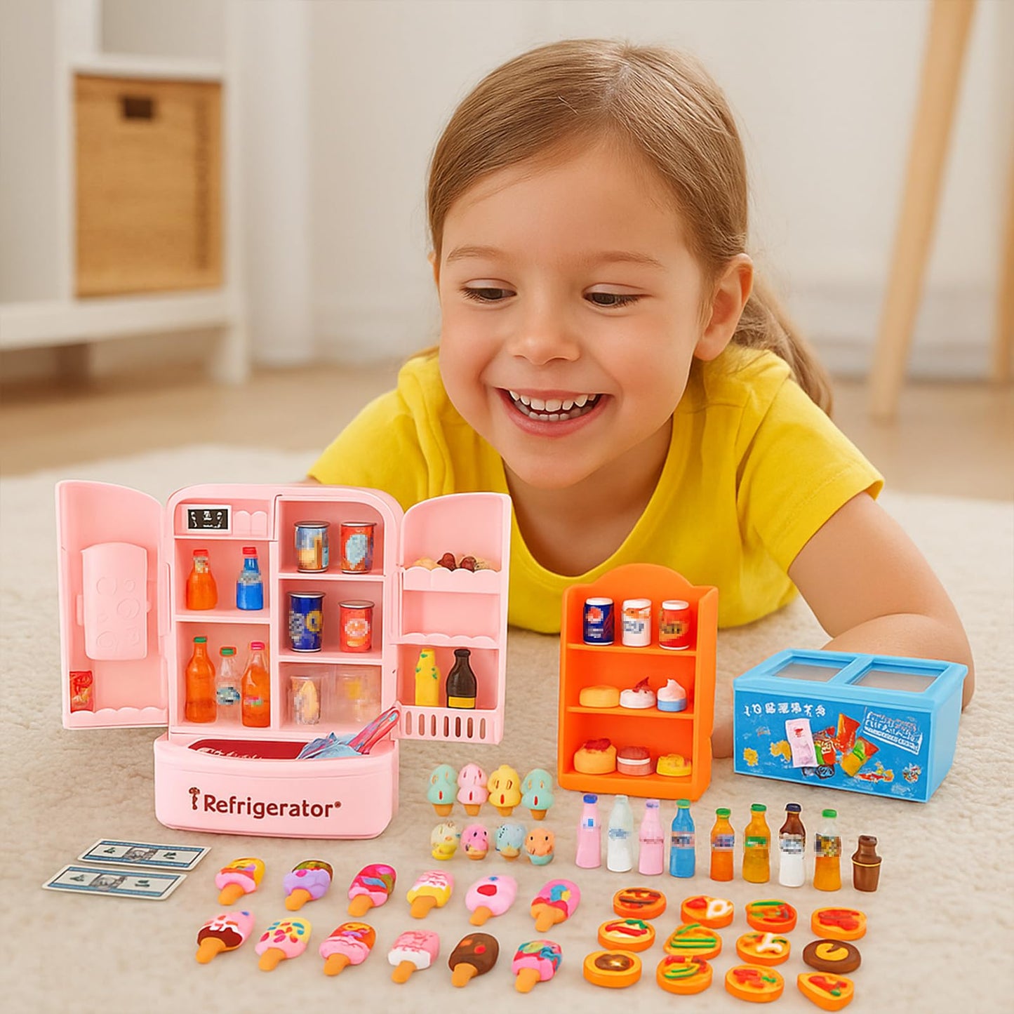 Miniature Food Play Set for Kids - Includes Refrigerator Freezer Ice Cream Drinks & Display Shelves Realistic Toy for Imaginative Play, for Toddlers
