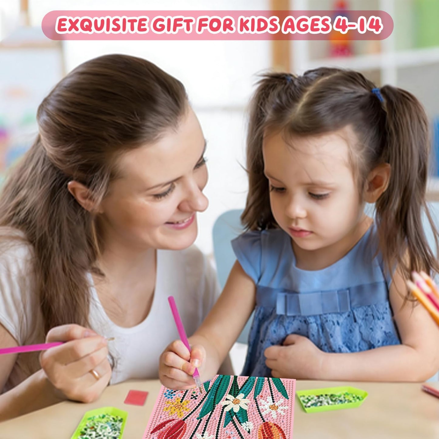 Pxzcrypha Flowers Diamond Art Kits for Kids with Frame,Flowers Diamond Art Painting for Kids, Gem Art Kits for Kids 8-12 for Gift Home Wall Decor (7x7inch)