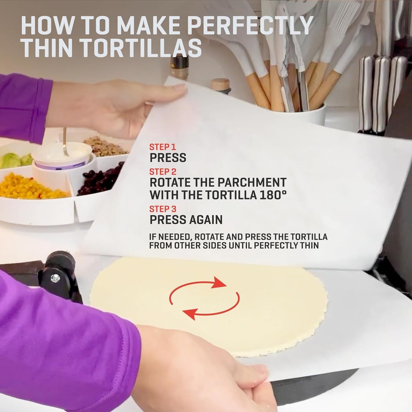 Uno Casa Cast Iron Tortilla Press 10 Inch - Tortilla Maker Press, Pre-Seasoned Roti Maker with 100 Pcs Parchment Paper - Heavy Duty Quesadilla Maker for Homemade Flatbreads, Rotis, Empanadas