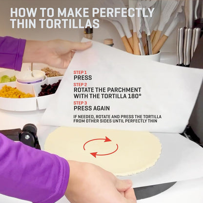 Uno Casa Cast Iron Tortilla Press 10 Inch - Tortilla Maker Press, Pre-Seasoned Roti Maker with 100 Pcs Parchment Paper - Heavy Duty Quesadilla Maker for Homemade Flatbreads, Rotis, Empanadas