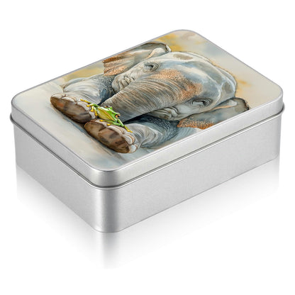 JNFBWULO Small Metal Tin Box with Lid, Rectangular Silver Metal Storage Container, 4.92"×3.54"×1.57" Gift Decorative Empty Box, Elephant Frog