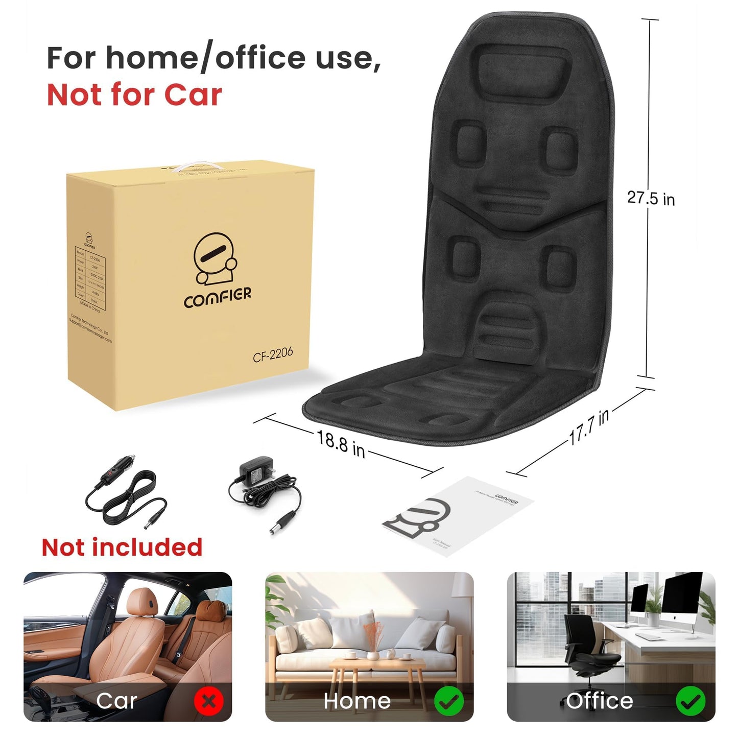 COMFIER Massage Seat Cushion Back Massager with Heat,10 Motors Vibration Chair Pad（Not Shiatsu,Rolling Massage,Chair Massager for Office/Home(Not for Car)