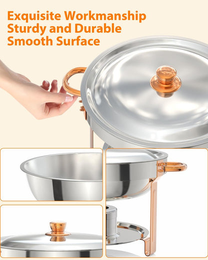 GarveeHome Chafing Dish for Buffet 2 Pack, 5 QT Round Chafing Dishes Buffet Set w/Lid Holder, Stainless Steel Chafers and Food Warmers with Spoon and Tweezers for Parties, Weddings, Events, Rose Gold