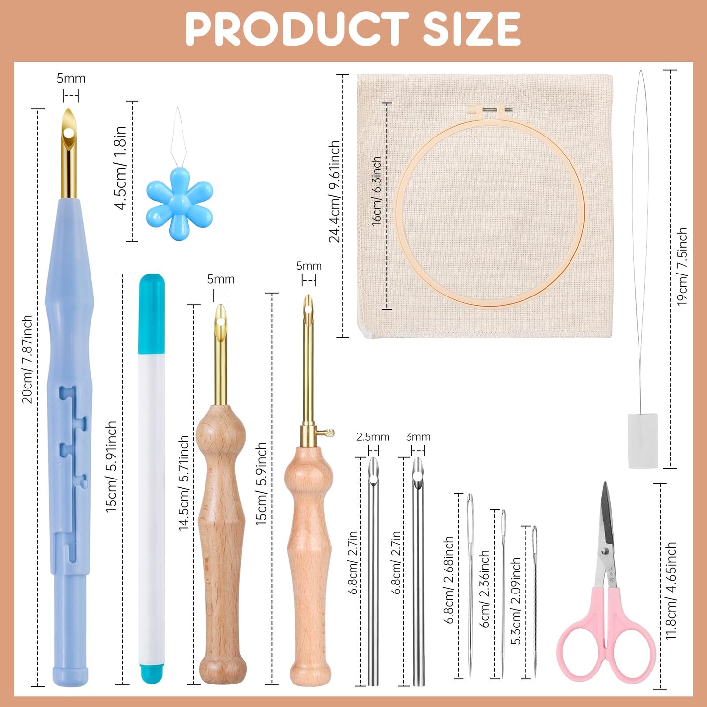 MSDADA 21PC Punch Needle Kit, Adjustable Punch Needle Tool, Wooden Handle Embroidery Pen Kits, Hoops, Cloth, Punch Needle Set Adults Beginner for DIY Craft, Perfect for Decoration and Gifts(Blue)