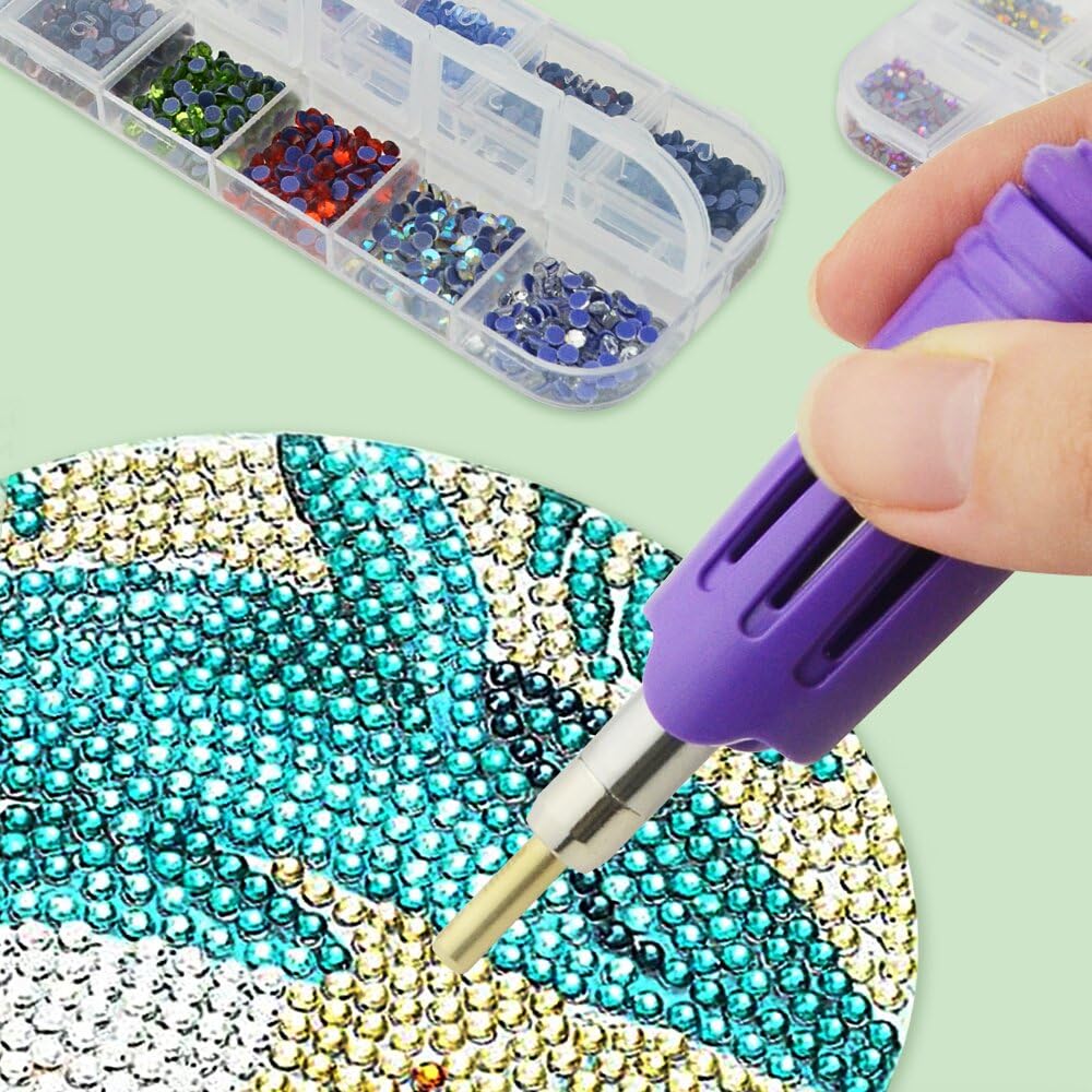 XINMEIWEN Hot fix Applicator Tool with Rhinestone DIY Wand Setter Tool Kit Including 7 Different Sizes Tips Tweezers & Brush Cleaning Kit and 3 Pack Hot-Fix Crystal Rhinestones (Purple)