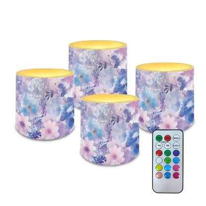 Cozeyat Purple Floral Flameless Candles 4 Pack Battery Operated with Remote Control Timer LED Pillar Candles Waterproof for Indoor Outdoor Home
