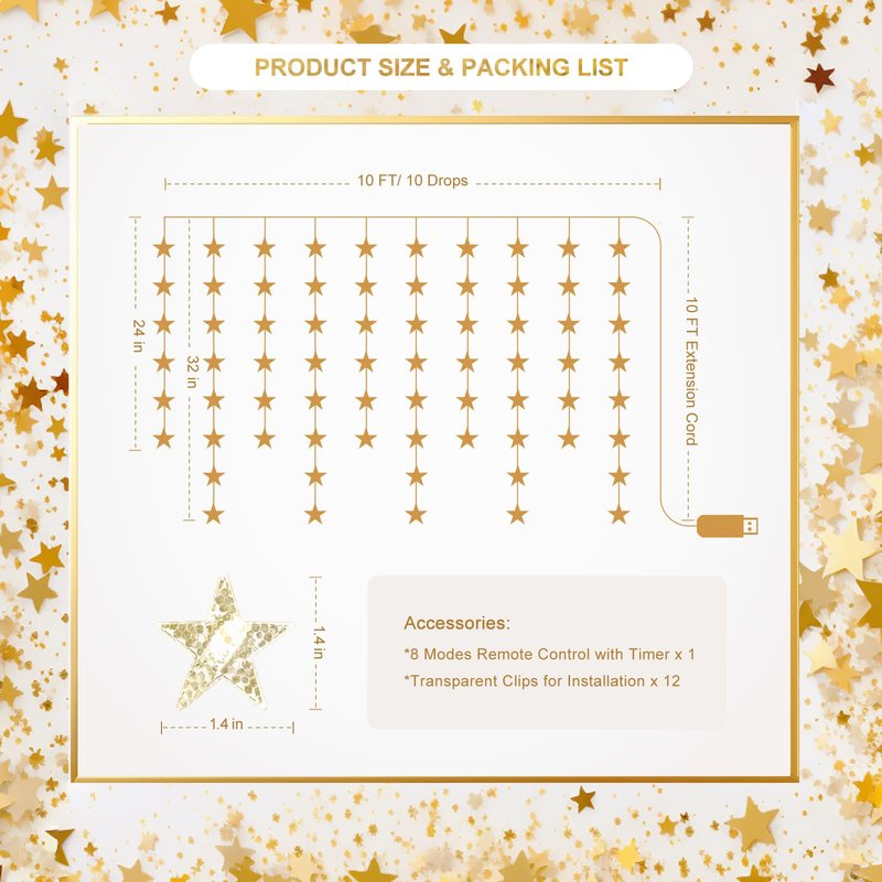 Patioman Star Curtain Lights, Warm White Window Lights 70 Stars Hanging Light with Remote Fairy Led Twinkle String Lights Home Bedroom Wall Ceiling Décor for Christmas, Wedding, Party, Birthday