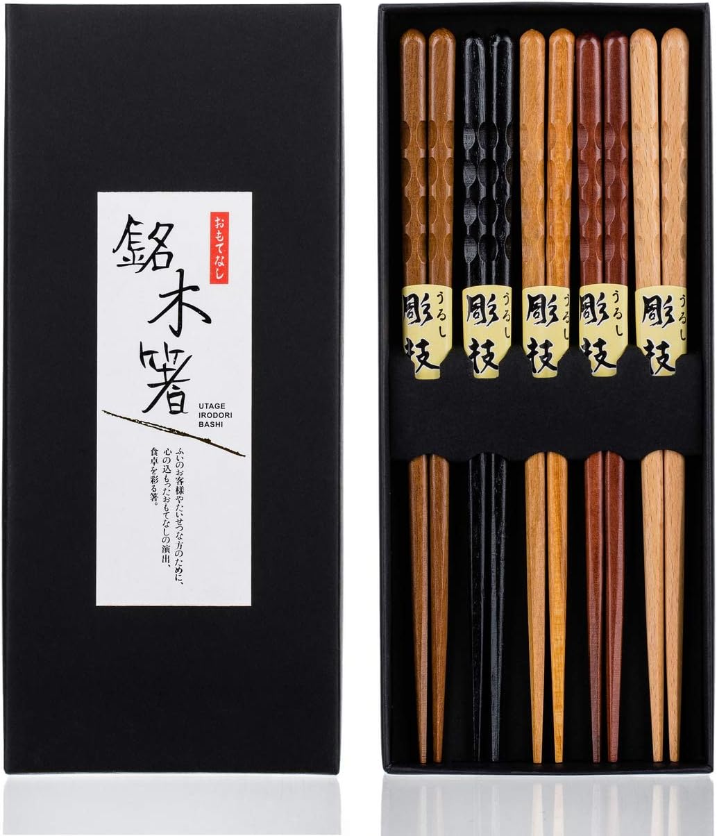 Heim Concept 5-Pairs Natural Wood Chopsticks Set, Reusable Bamboo Chinese Korean Japanese Chop Stick