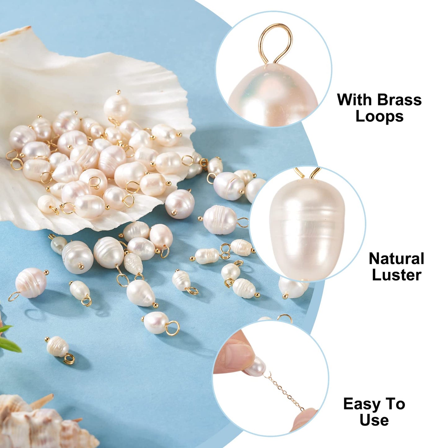 Cheriswelry 60Pcs 13-17mm Natural Freshwater Cultured Pearl Pendants White Rice Oval Pearl Charms with Brass Loop 3 Styles for DIY Necklaces Bracelets Earrings Jewelry Making