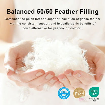 ALPSWAN Luxury Goose Feather Down Fiber Comforter Queen Size, 300TC White Cotton Blended Duvet Insert, All Season Hotel Bedding Alternative Down Comforter with Corner Tabs (White, Queen)