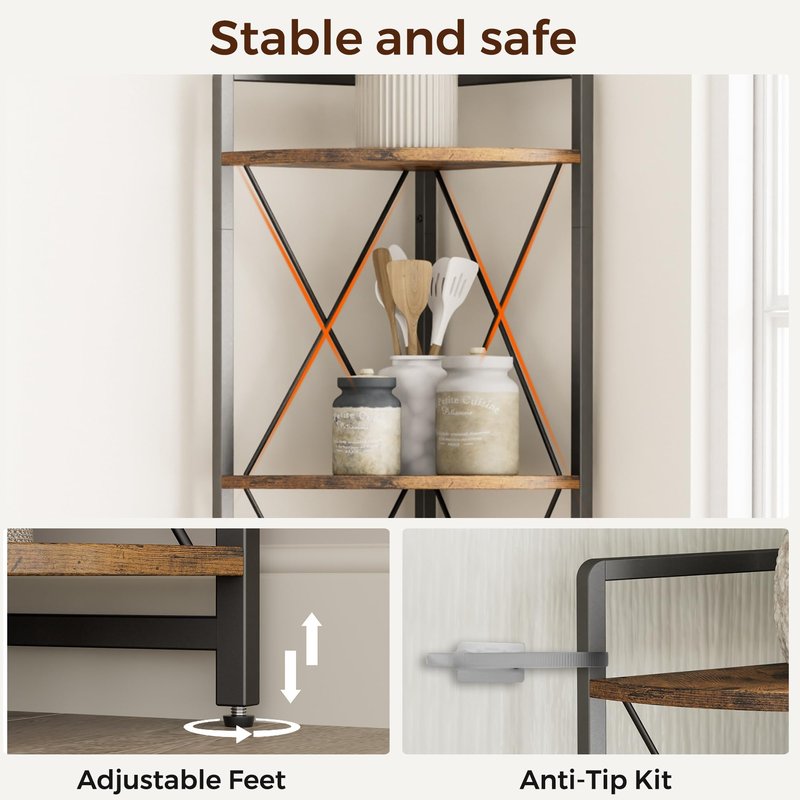 Cerlyunzan 6 Tier Corner Shelf Stand, 78" H Tall Industrial Corner Bookshelf for Living Room Decor, Metal Corner Shelf, Plant Stand Display Shelf for Bedroom, Bathroom, Small Space, Rustic Brown