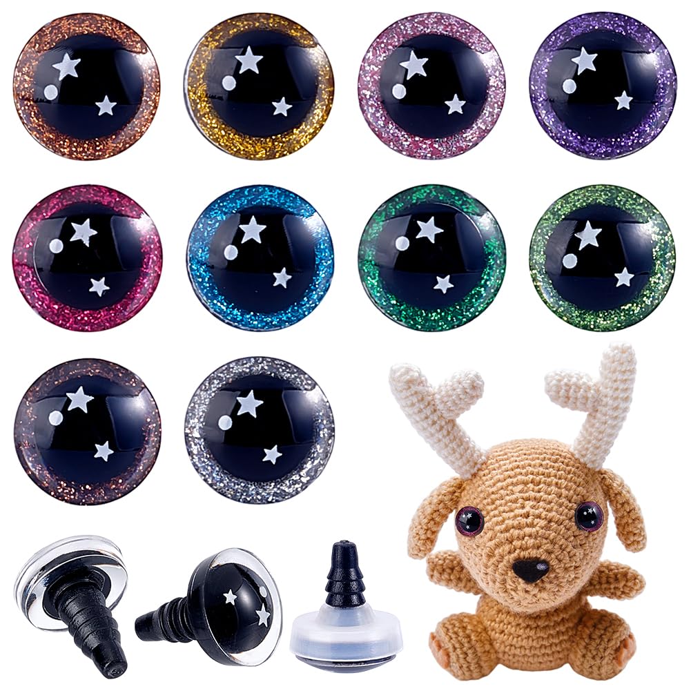 PH PandaHall 100pcs 20mm 3D Glitter Safety Eyes, 10 Colors Crochet Eyes Amigurumi Eyes with Eyelid Stuffed Animal Eyes Large Craft Eyes with Bowl Washers for Puppet Bear Teddy Bunny Crafts Making