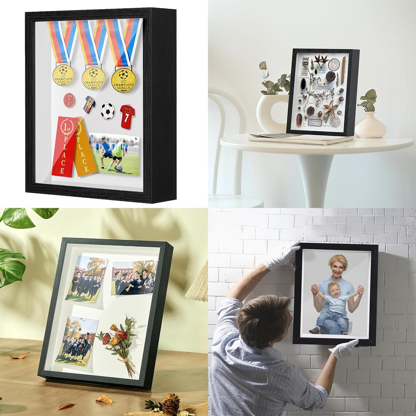 Black A4 Shadow Box Frame, 1.2 Inch Deep MDF Wood Shadow Box with Acrylic (Not Glass), Wall Mount & Tabletop Display Case for Dried Flowers, Medals, Memorial Keepsakes, Crafts