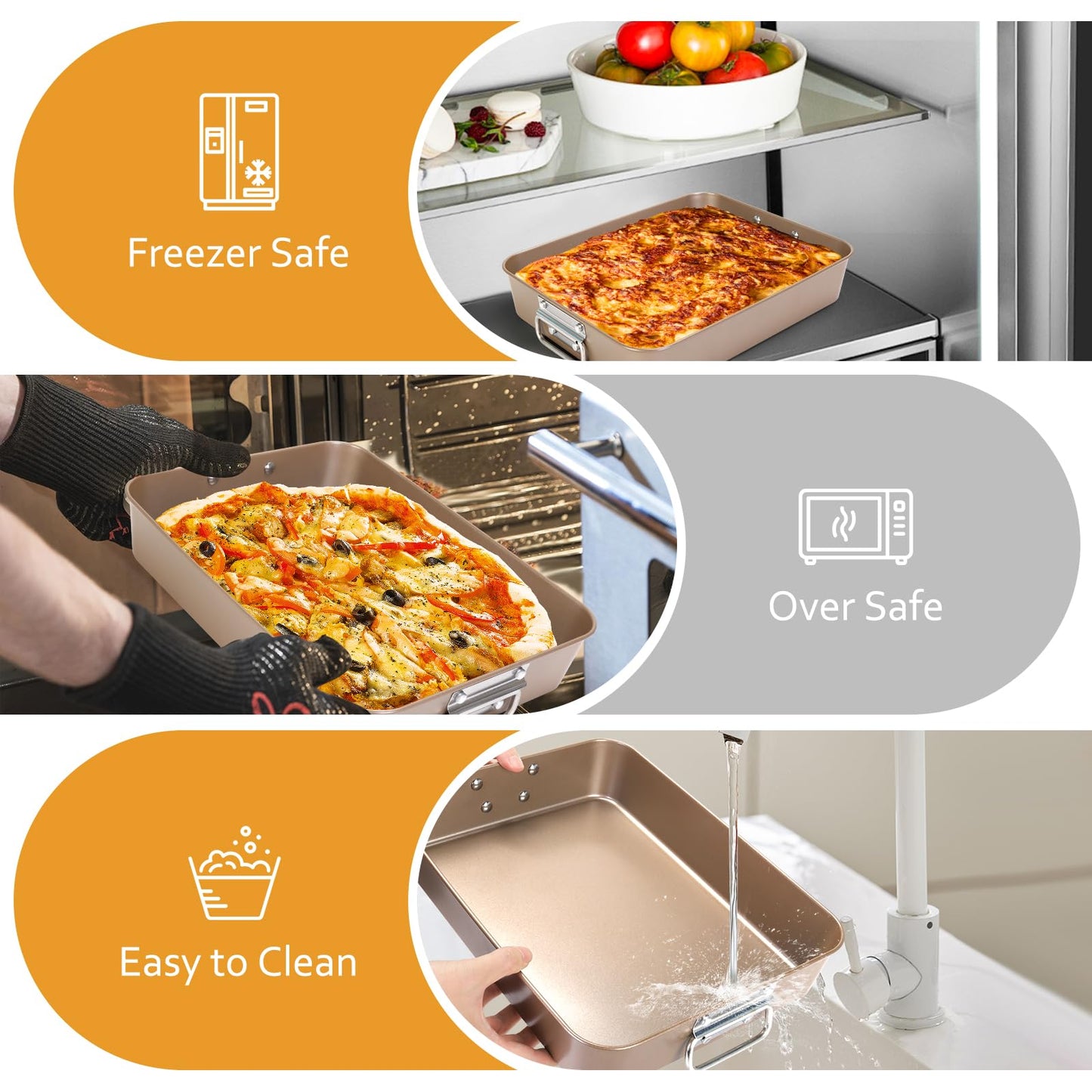 Roasting Pans with Handles, Bakeware Nonstick Steel Roaster with Flat Rack, Lasagna Pan 3 Inch Deep Baking Pan for Oven, Rectangle Cake Pans, Heavy Duty, Dishwasher Safe, 2 Pcs 13.7"16", Gold