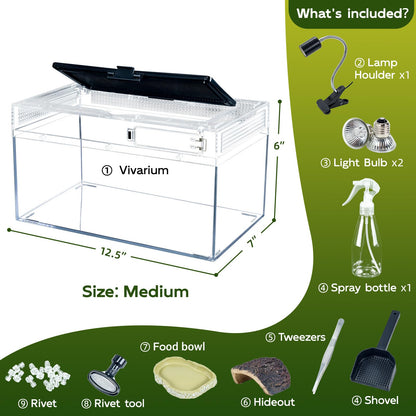 BINANO 12.5''×6''×7'' Reptile Tank Kit with Heat Lamp, Spray Bottle, Shovel, Tweezers, Food Bowl, Hideout -Perfect for Geckos, Snakes, Lizards, Turtles, Jumping Spider,Milk Frog,Hermit Crabs