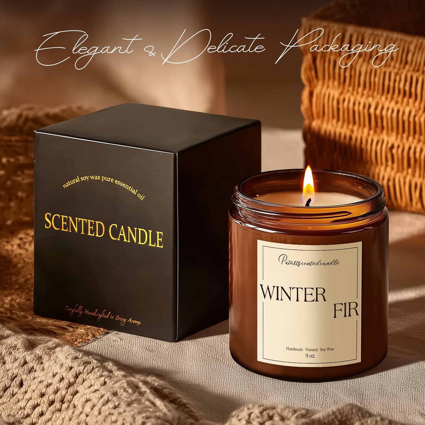 Putart Fir Scented Candles for Home, Natural Soy Wax Aromatherapy Non Toxic Winter Fir Candle Gifts for Women Men, Home Fragrance Decoration Glass Jar Candle for Meditation and Relaxation (9oz)
