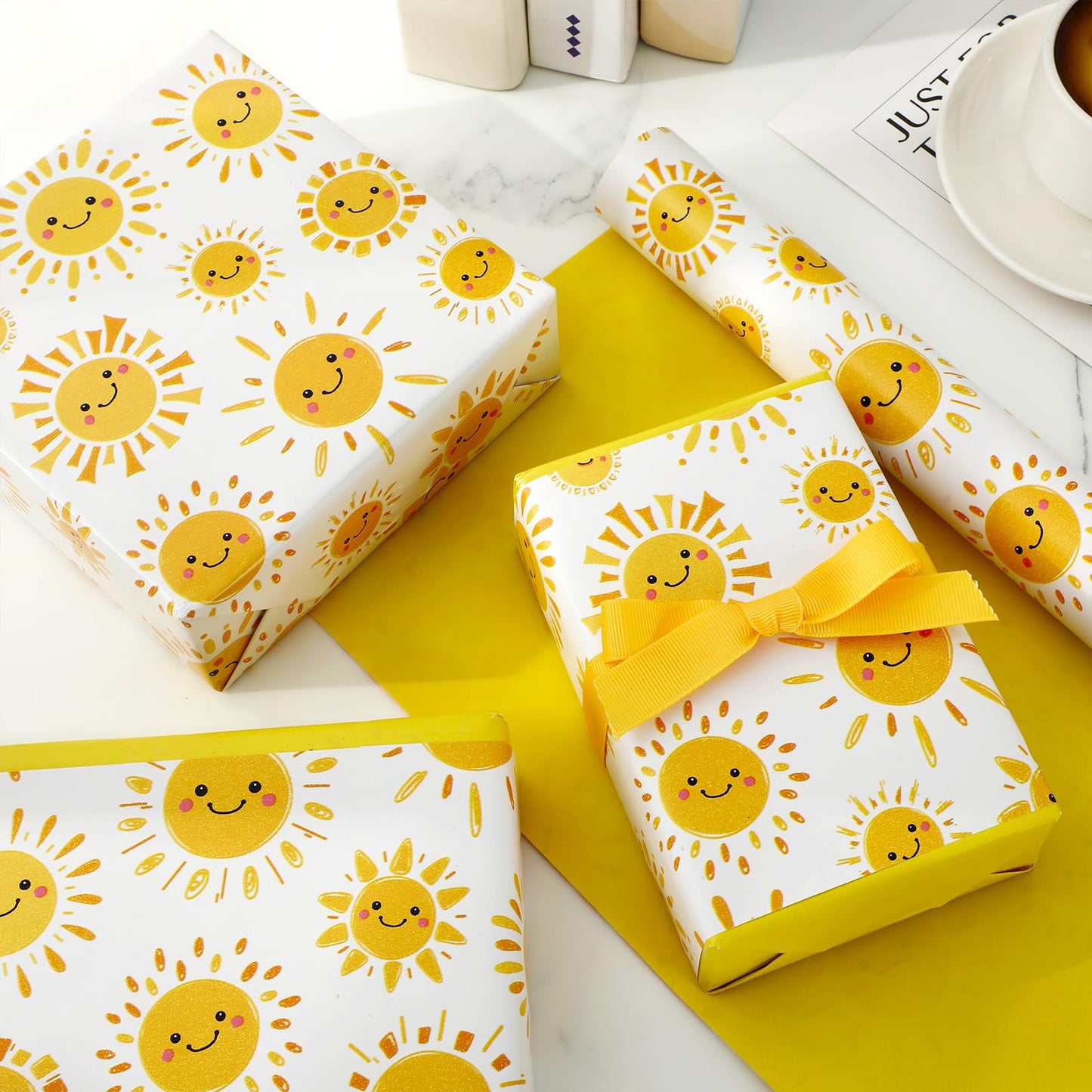 JarThenaAMCS Sun Smile Baby Shower Wrapping Paper -Mini Roll- 17In x 32.8Ft First Trip Around The Sun Gift Wrap Paper Yellow Double Printed Sunshine Craft Paper for Summer Birthday Party Packing