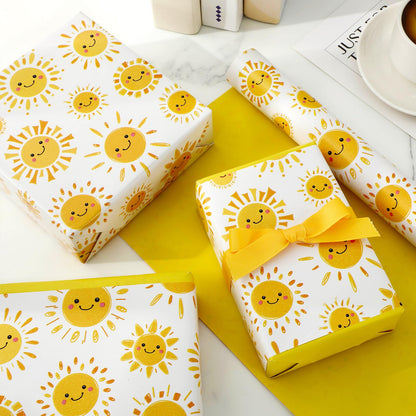 JarThenaAMCS Sun Smile Baby Shower Wrapping Paper -Mini Roll- 17In x 32.8Ft First Trip Around The Sun Gift Wrap Paper Yellow Double Printed Sunshine Craft Paper for Summer Birthday Party Packing