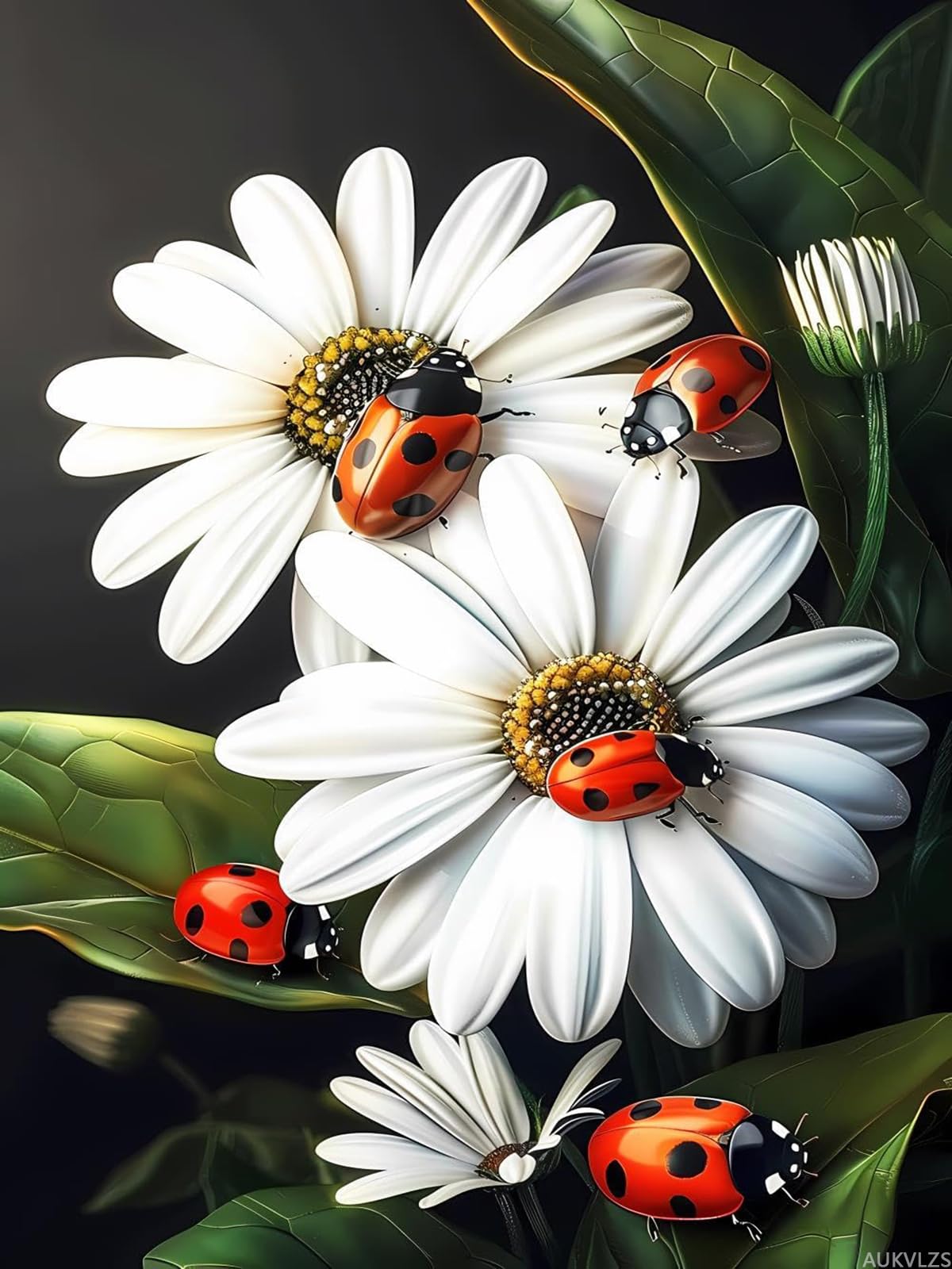 AUKVLZS 5D Diamond Painting Kit Ladybugs on Beautiful Flowers Diamond Art Kits for Adults DIY Flower Round Full Drill Paintings with Diamonds Gem Art for Adults Home Wall Decor 12x16 inch