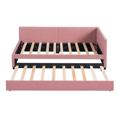 Brisca Upholstered Linen Daybed with Trundle,Twin Size Sofa Bed Frame W/Wooden Slats,for Bedroom,Apartment,Studio,Pink