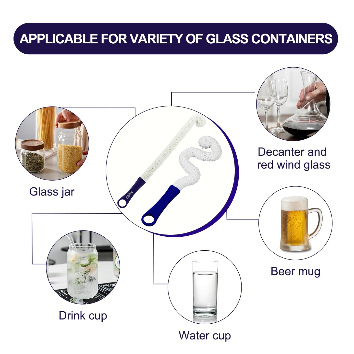 KUWAN Bottle Cleaning Brush Multi-Function Household Tools Flexible Bottle Scourer for Some Decanters, Goblets, Glasses, Cups (Long 3pcs)