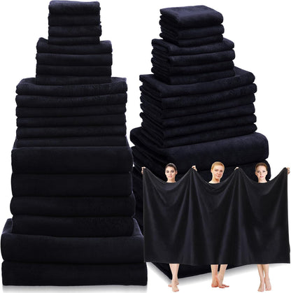 24 Set: 2 4 6 8 4 Mixweer Piece Black Microfiber Absorbent Towel Oversized Bath Sheets, Bath Towels, Hand, Washcloths