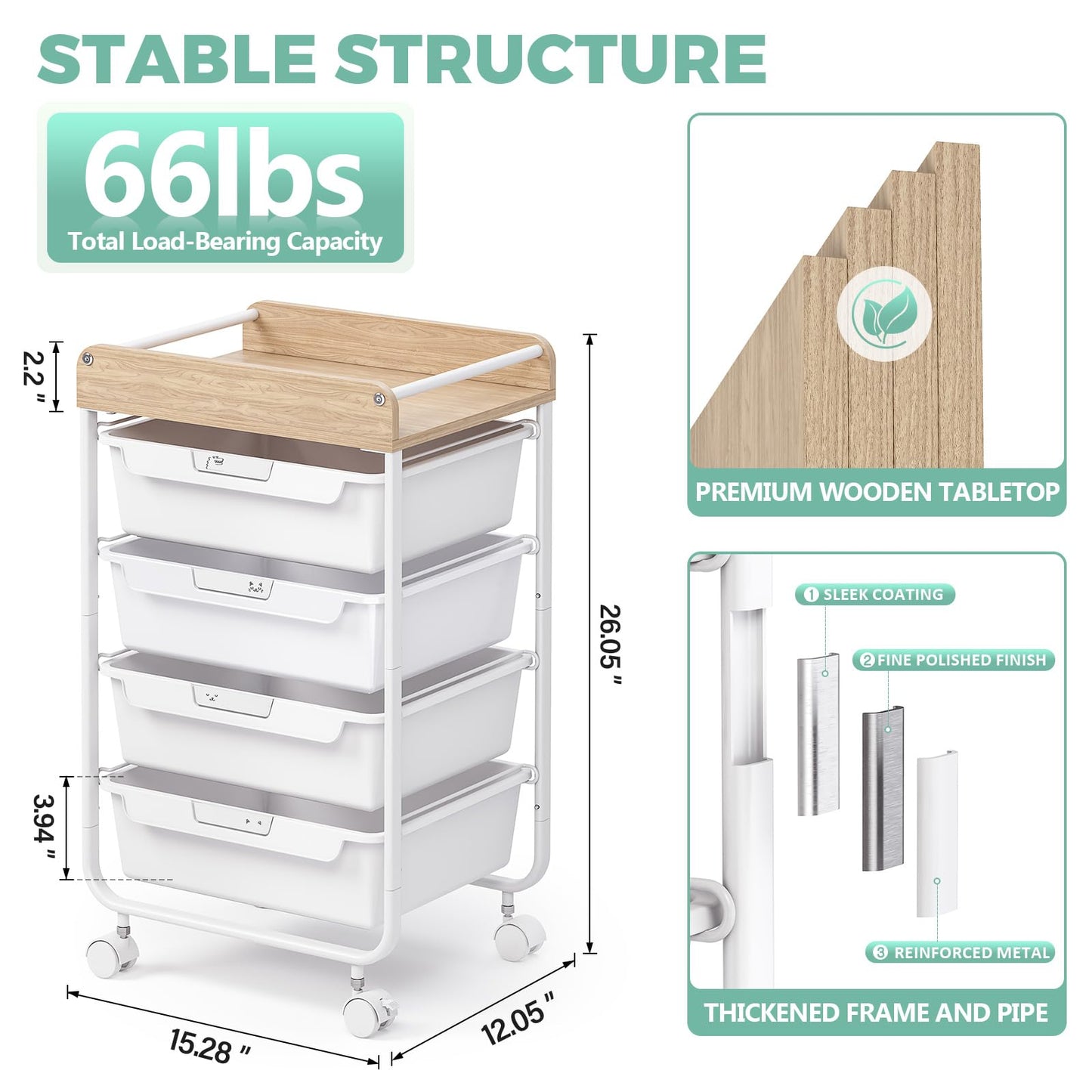 SYKIARIOL Rolling Storage Utility Cart with 4 Drawers,Kids Craft Art Cart,Makeup Organizer and Storage with Wooden Tabletop,White