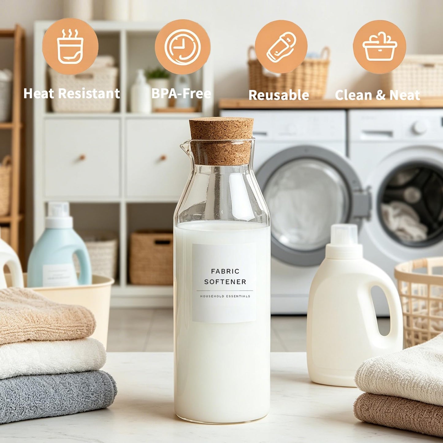 Glass Laundry Detergent Dispenser Set with Cork Lids, Fabric Softener Dispenser, Easy Pour 3 Pack Laundry Bottles, Liquid Detergent Containers, Scent Booster & Bleach Container for Laundry Room