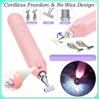 Electric Diamond Painting Pen with Light, Cordless Diamond Art Vacuum Pen no Wax Needed, Rechargeable Diamond Art Pen, Steel Screw Multi-placer, 3-Speed, Diamond Art Accessories with Cutter (Pink)