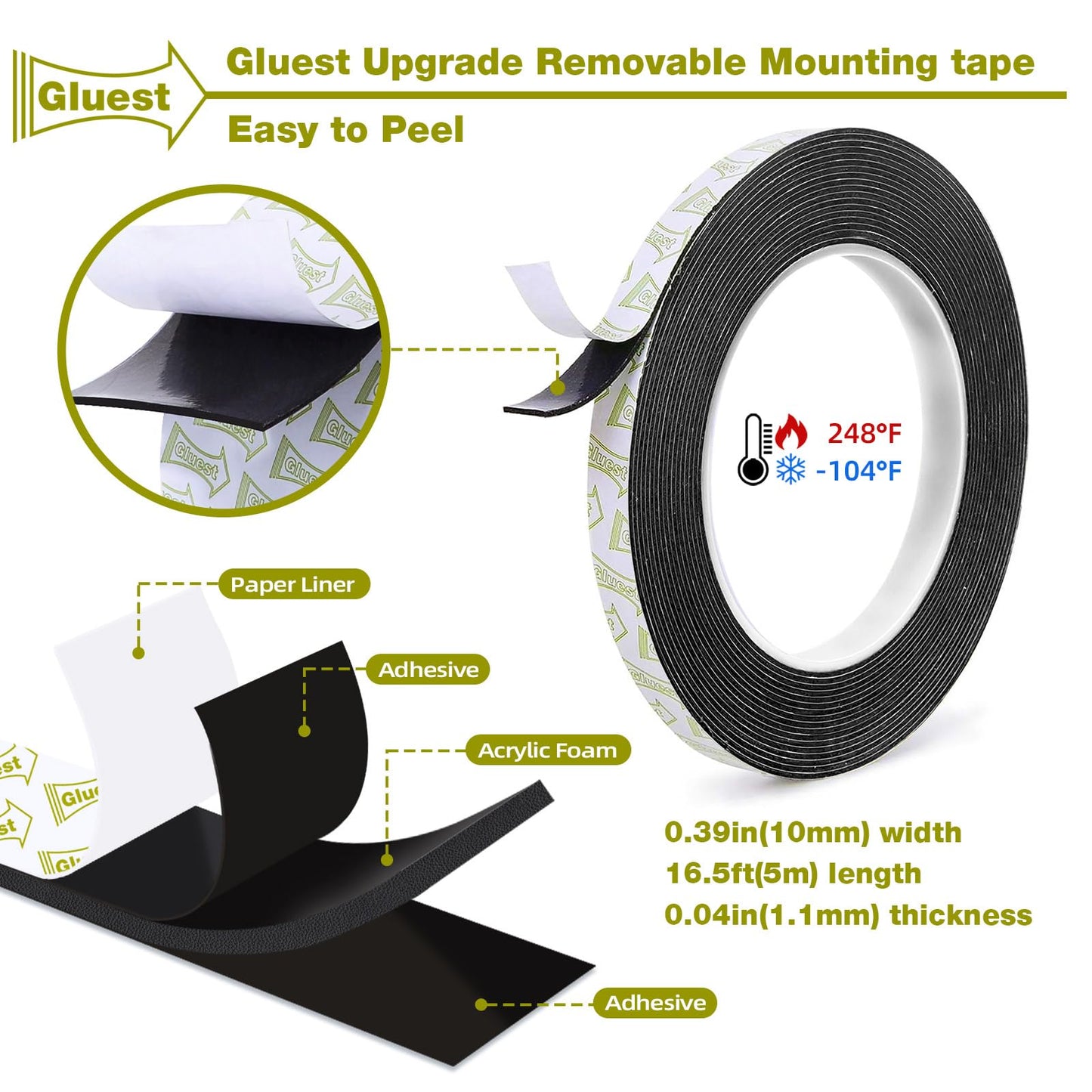 Double Sided Tape Heavy Duty,0.39INx 16.5FT Removeable Mounting Tape No Damage Wall Tape Damage Free Picture Hanging Strips,Strong Adhesive Strips Foam Tape for Home Office Decor Poster Art Craft