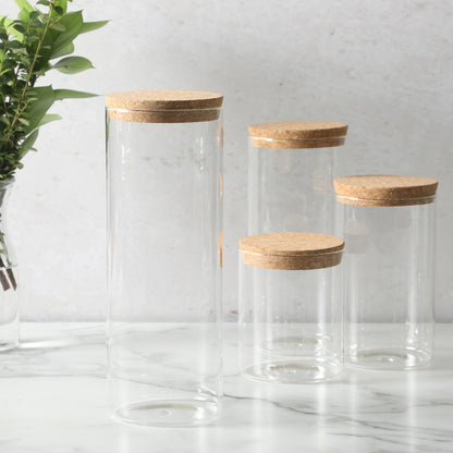 Sur La Table Kitchen Essentials Rue Lumiere 4-Piece Handmade Glass Canister Set with Airtight Cork Lids, Clear – 57 oz, 45 oz, 34 oz & 25 oz, Food Storage Jars, Dishwasher Safe, Pantry Organization