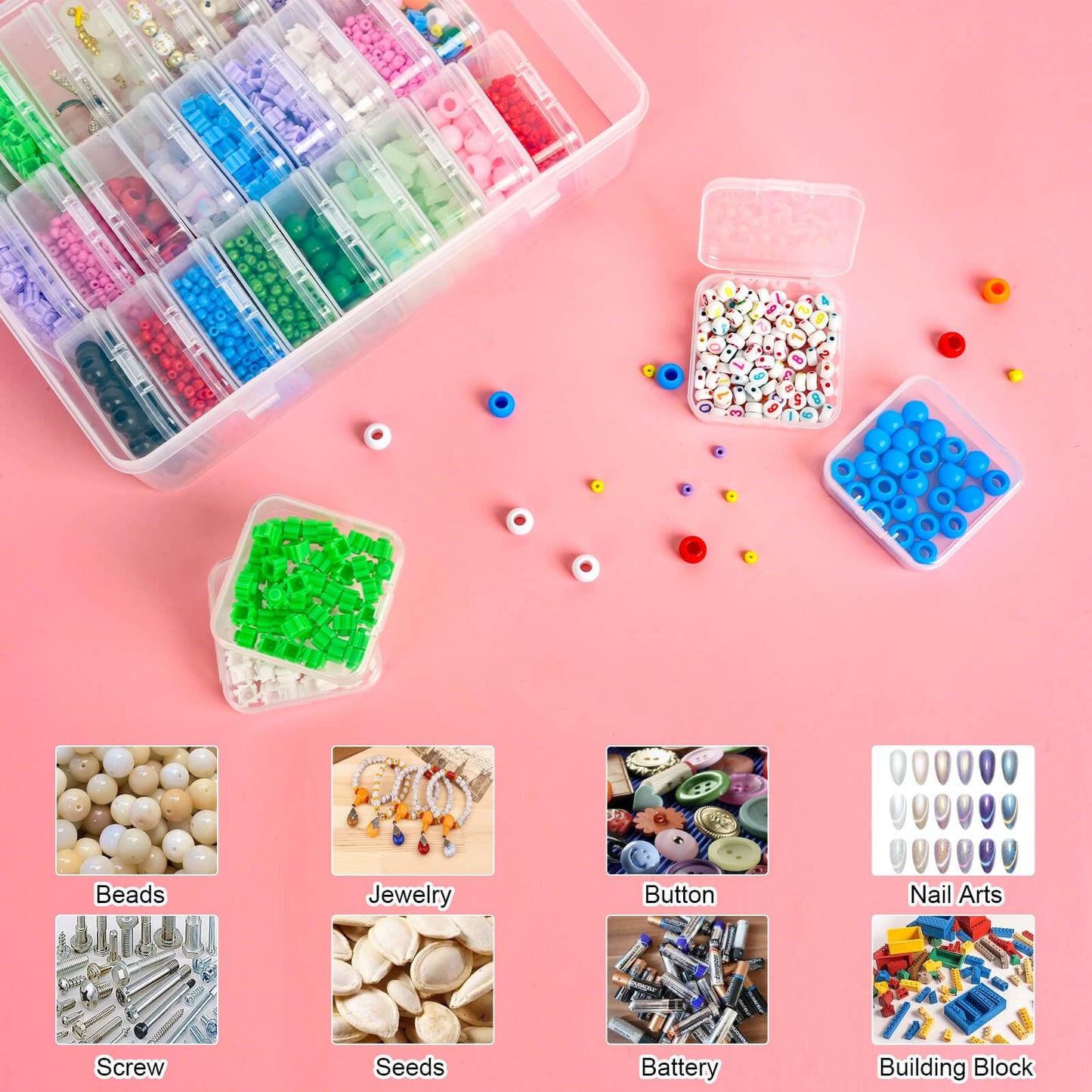ZOQINI Bead Organizer and Storage Box, 30Pcs Small Clear Plastic Storage Containers 1 Large Craft Organizer Box 1 Sheet Label Sticker, Mini Storage Box for Jewelry Making Diamonds Arts Screws Seeds