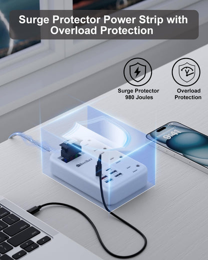 6 USB(2 USB C) Purple Travel Power Strip- 5Ft Lavender Extension Cord with 24W USB Charging Station and 4 Outlets, Purple Desk Accessories with Surge Protector for Cute Kawaii Office Dorm Room