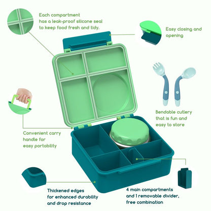 JoyYum Bento Box for Kids - Leak-Proof Bento Lunch Box with Insulated Thermos Food Jar - 4 Compartments, 1 Removable Divider, 1Spoon, 1 Fork - Dishwasher Safe, BPA-Free (Green)