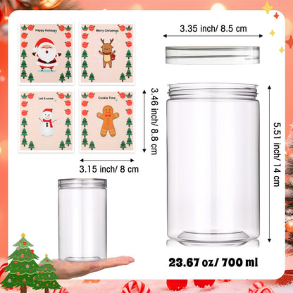 FoldTier 4 Sets Christmas Plastic Candy Jar Clear Cookie Containers with Lids Storage Jar Cookie Tins Snacks Treats Containers for Xmas Home Countertop Kitchen Decorative Winter Party Supply