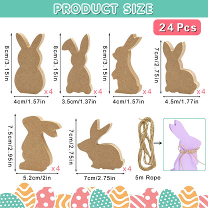 24 Pieces Easter Wooden Bunny Cutouts Unfinished Bunny Table Wooden Signs Peeps Bunny Shaped Blank Wooden Signs Rabbit Shape Tabletop Decor for Easter Spring Home Classroom DIY Art Craft, 6 Designs