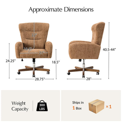 HULALA HOME Executive Office Chair, Ergonomic Wingback Office Chair with Curved Armrests, Soft Chenille Upholstery, Adjustable Height, 360° Swivel & Tilt, Thick Foam Padding, Caramel