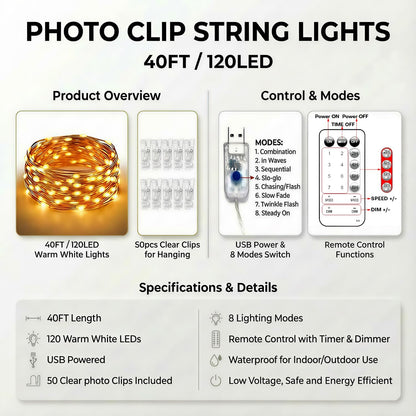 BRYUBR 40Ft 120LED 50 8 Teen Girl Gifts Trendy Stuff: Aesthetic Hanging Picture Fairy Lights with Clips - Modes