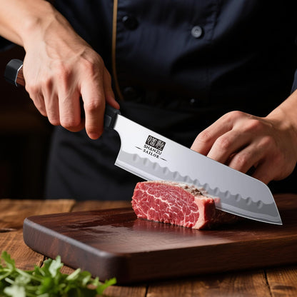 SHAN ZU 7 Inch Japanese Chef Knife, 9 Layers 10Cr15MoV High Carbon Steel Professional Kitchen Knife, Sharp Cooking Knife with Ergonomic Red Sandalwood Handle, Meat Cutting Sashimi Santoku Knife