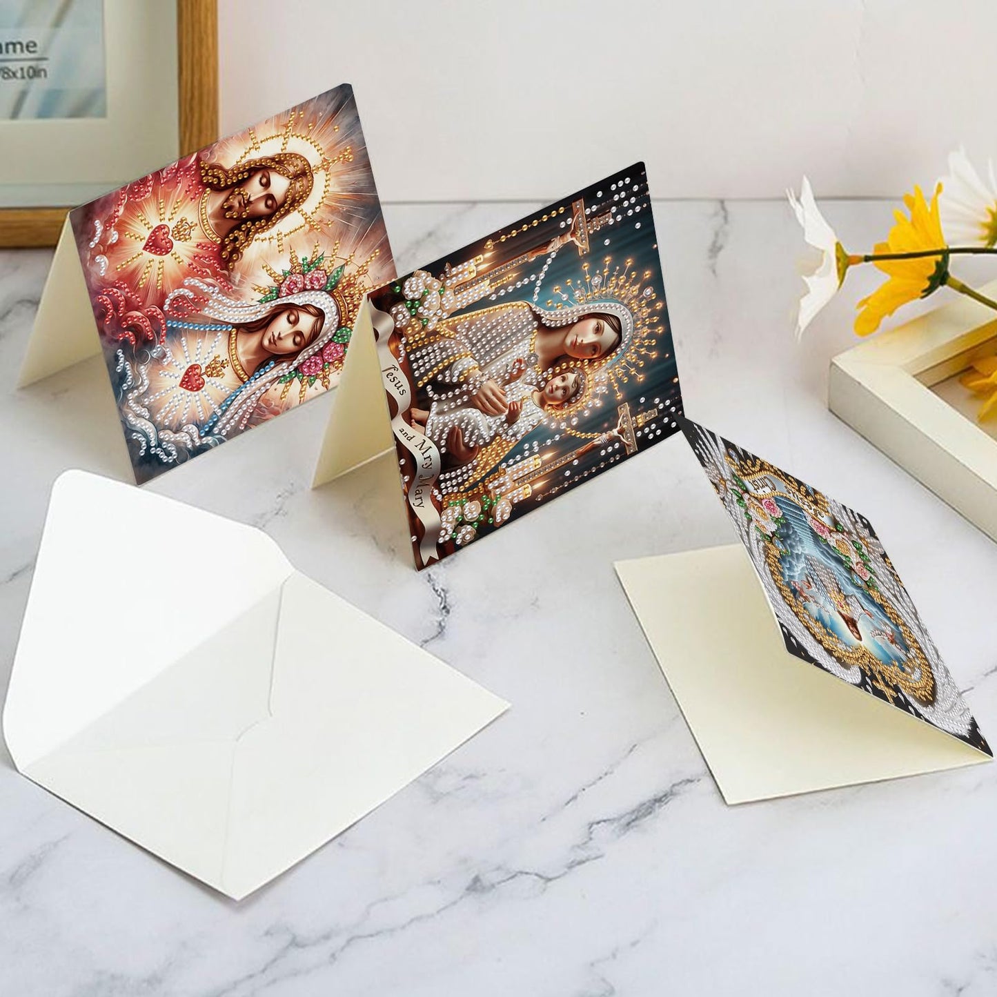 6 Pcs 5D Rhinestone Painting Greeting Cards Kits, Handmade Diamond Art Greeting Cards with Envelopes Holographic Laser Effect DIY Diamond Art Crafts Birthday Cards for Festival Celebrations (Religion)