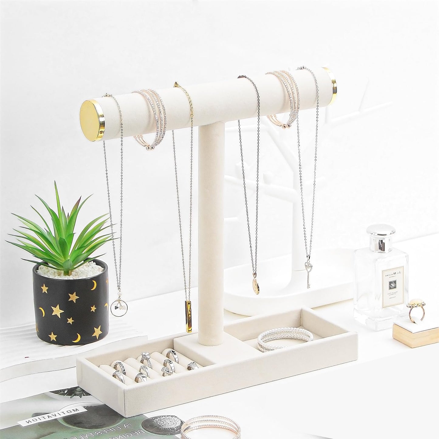 Coward Jewelry Organizer Stand, Velvet Necklace Bracelet Watch Ring Display Holder with Tray, Multi-use Jewelry Display Stand for Women Girls Dresser Nightstand (Beige)