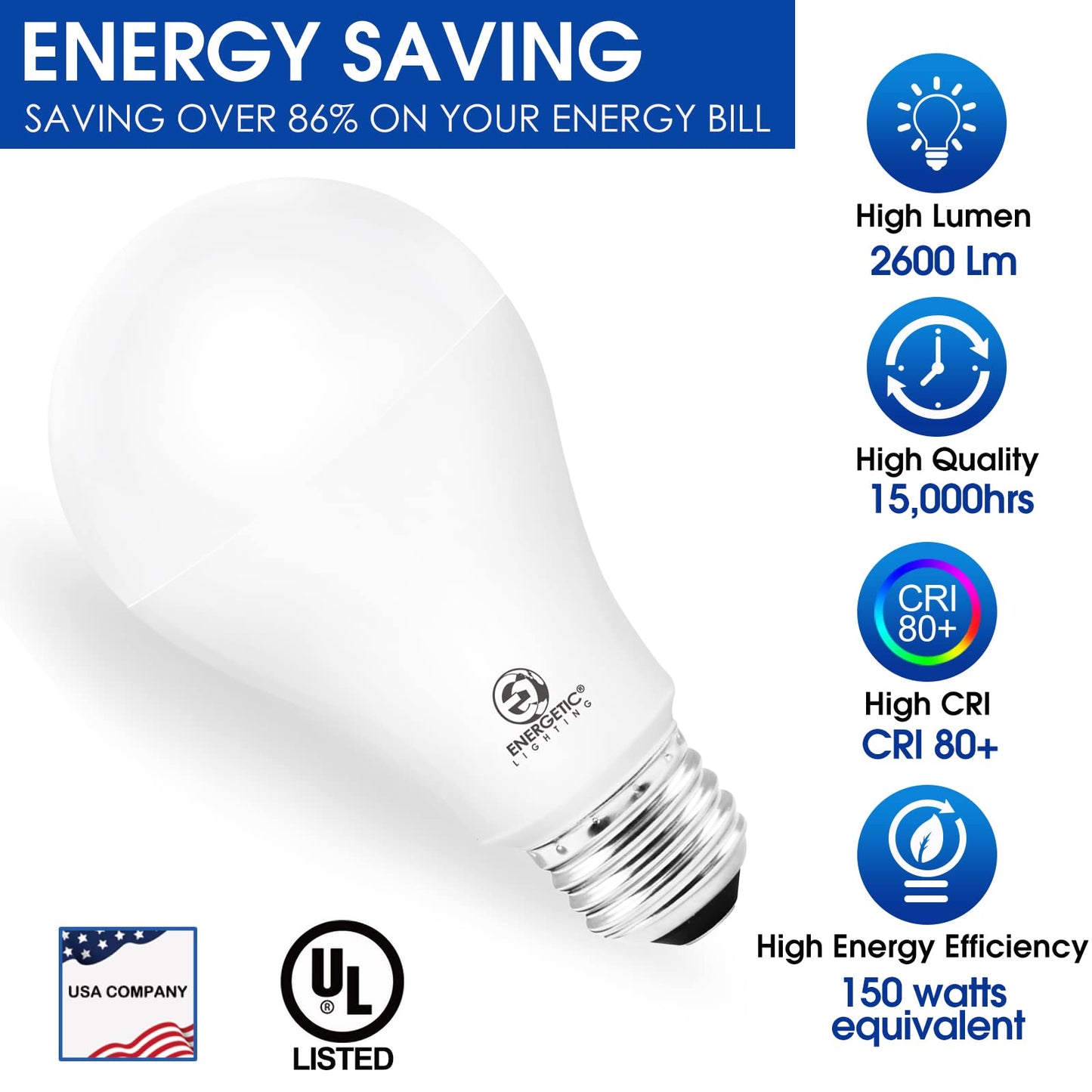ENERGETIC SMARTER LIGHTING 150 Watt LED Bulb, 2600LM Super Bright Light Bulbs, Daylight 5000K, Dimmable A21 LED Bulb, E26 Standard Base, UL Listed, Damp Rated, 2 Pack
