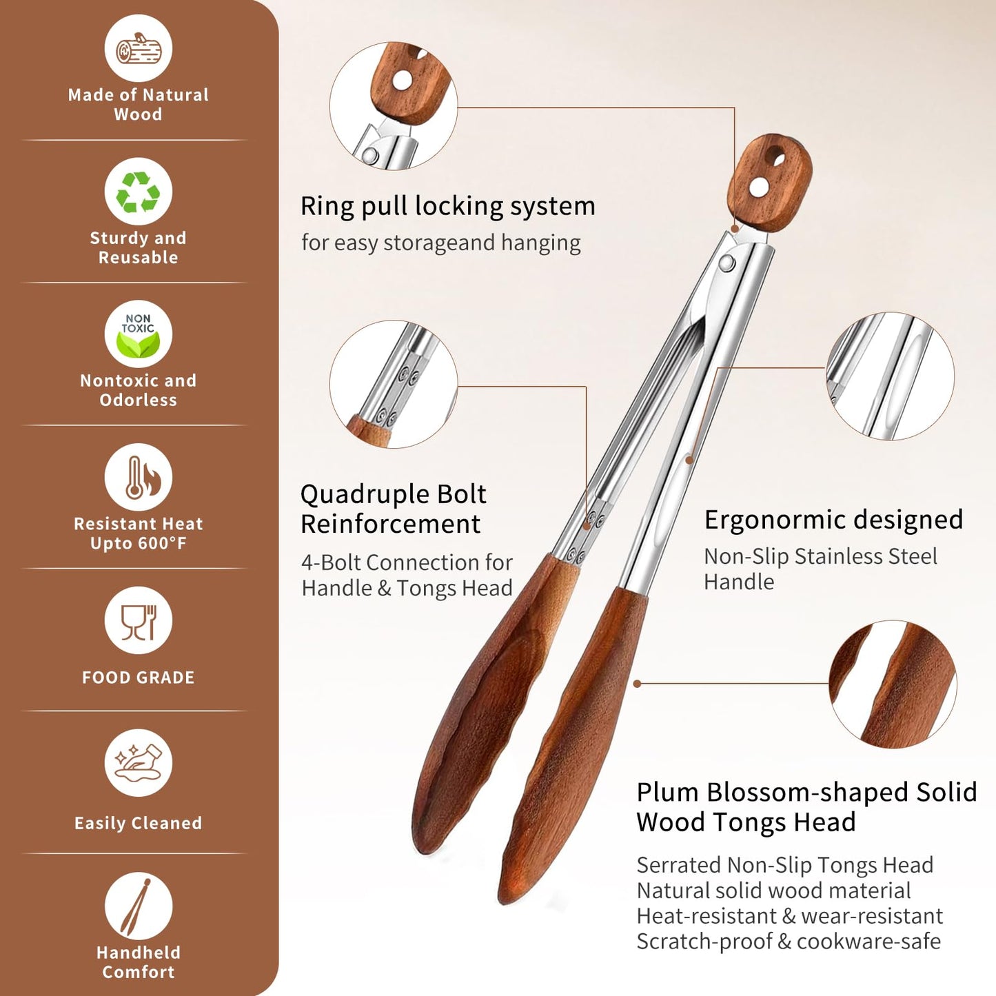 Wooden Tongs for Cooking Set of 3 (7",9",12") Natural Walnut Wooden kitchen Tongs for Grilling, Serving, BBQ and Tossing Salad etc | Ergonomic Stainless Steel Non-Slip Grip, Heat Resistant, Pull Lock