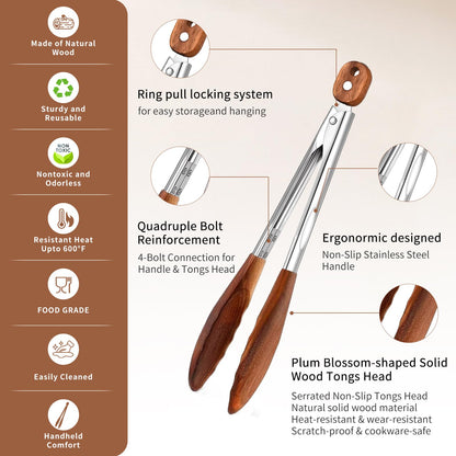 Wooden Tongs for Cooking Set of 3 (7",9",12") Natural Walnut Wooden kitchen Tongs for Grilling, Serving, BBQ and Tossing Salad etc | Ergonomic Stainless Steel Non-Slip Grip, Heat Resistant, Pull Lock