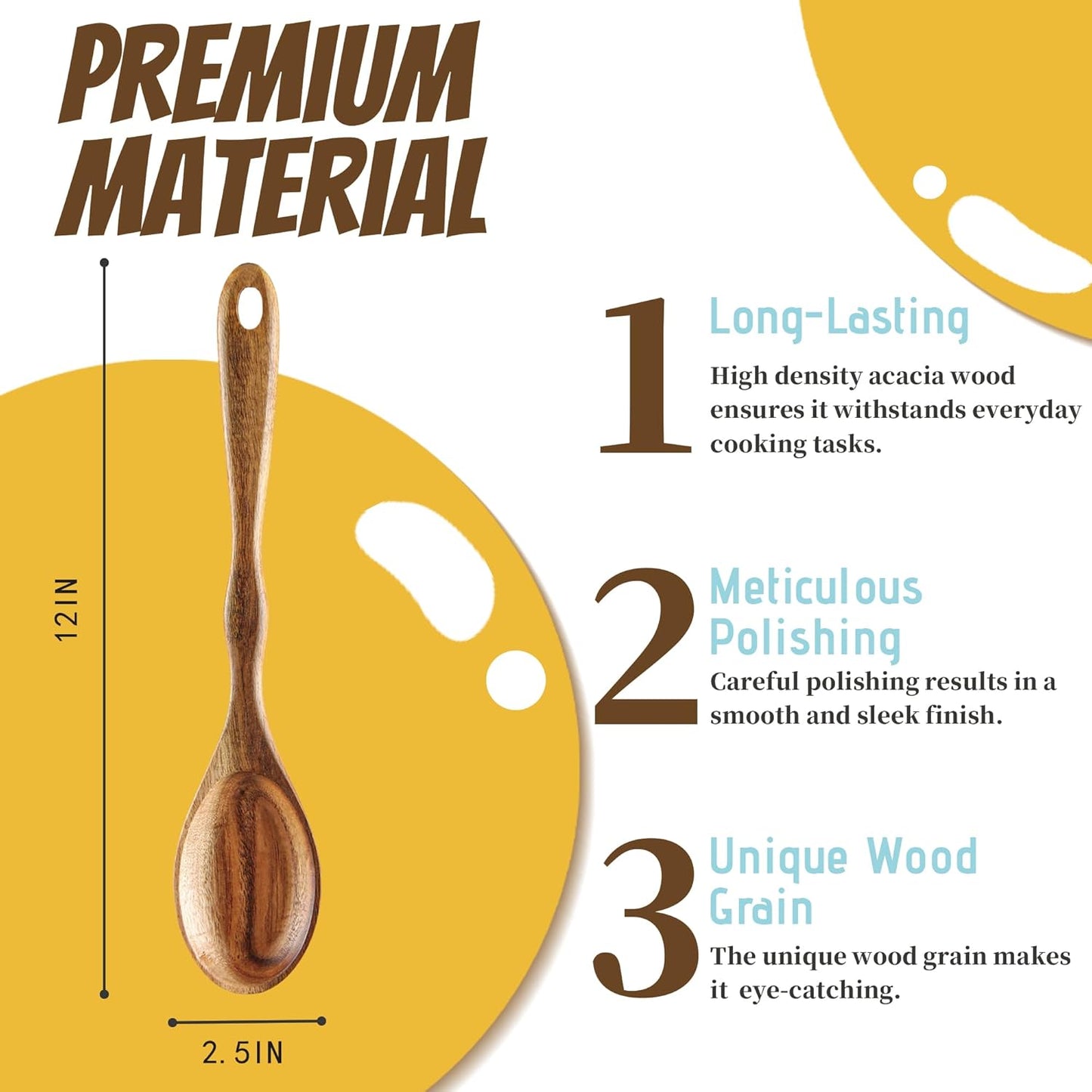 6 Piece Acacia Wood Cooking Spoons Set - Non Stick Wooden Utensils with Slotted Spoon, Salad Fork, Spatula, Pasta Server
