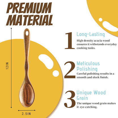 6 Piece Acacia Wood Cooking Spoons Set - Non Stick Wooden Utensils with Slotted Spoon, Salad Fork, Spatula, Pasta Server
