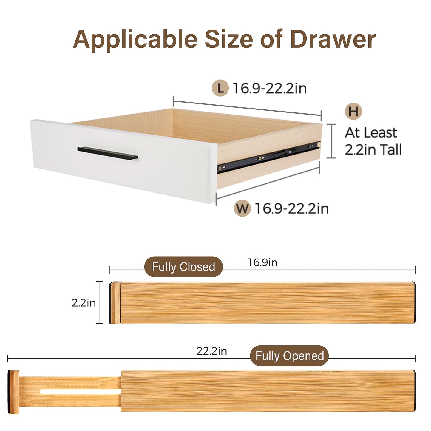 Bamboo Drawer Divider Set of 4, Adjustable Spring-Loaded Drawer Organizer (16.9"-22.2"), 2.3" Height, Suitable for Kitchen, Desk, Bathroom, Clothing, and Miscellaneous Drawer Organization, Natural