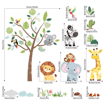 Supzone Jungle Animals Tree Wall Decals Safari Elephant Giraffe Lion Zebra Wall Stickers for Kids Toddlers Bedroom Living Room Baby Nursery Wall Decor